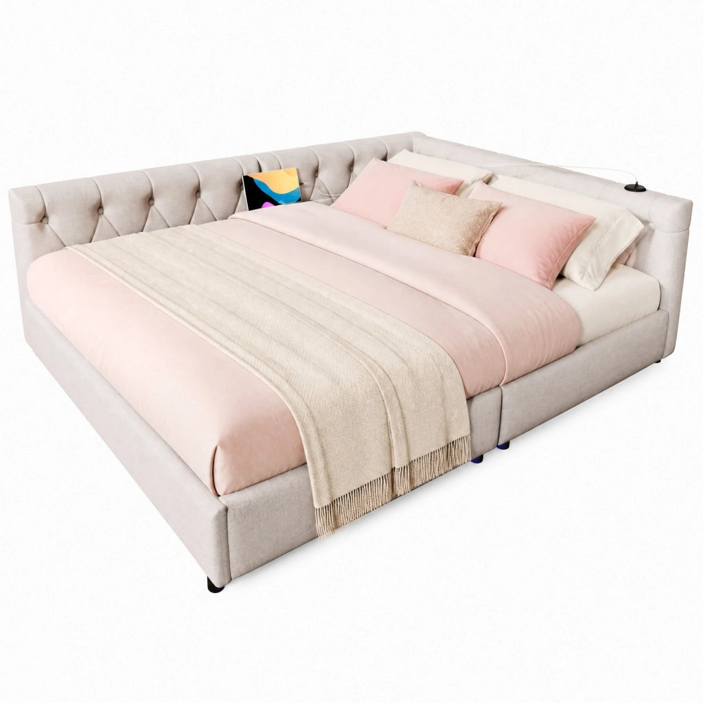 Divano letto 140x200 cm in lino beige con rete a doghe, LED RGB, USB e Type-C