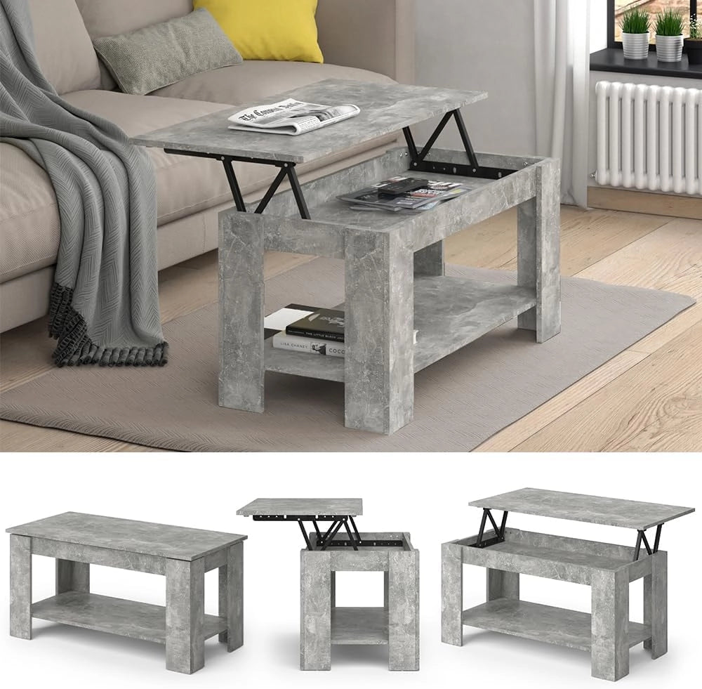 Tavolino soggiorno Lorenz, Calcestruzzo, 100 x 50 cm con funzione di sollevamento, con meccanismo di sollevamento e piano del tavolo regolabile in altezza