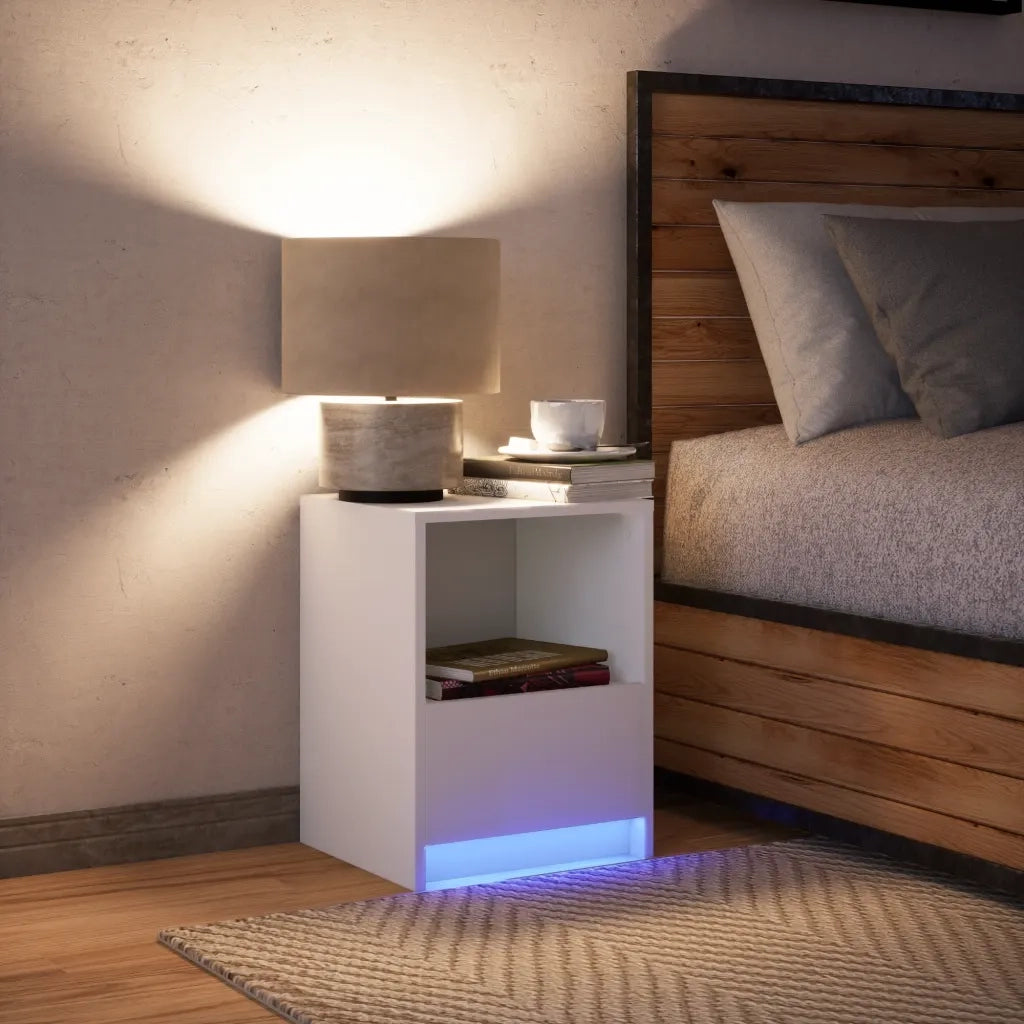 Comodino con Luci LED-Tavolino da notte Bianco in Legno Multistrato 275977