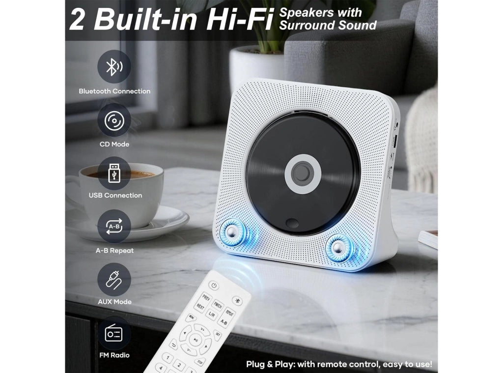 Lettore CD Portatile e Desktop con Altoparlanti Bluetooth Radio FM Protezione Anti-Salto e Copertura Antipolvere con Display LCD