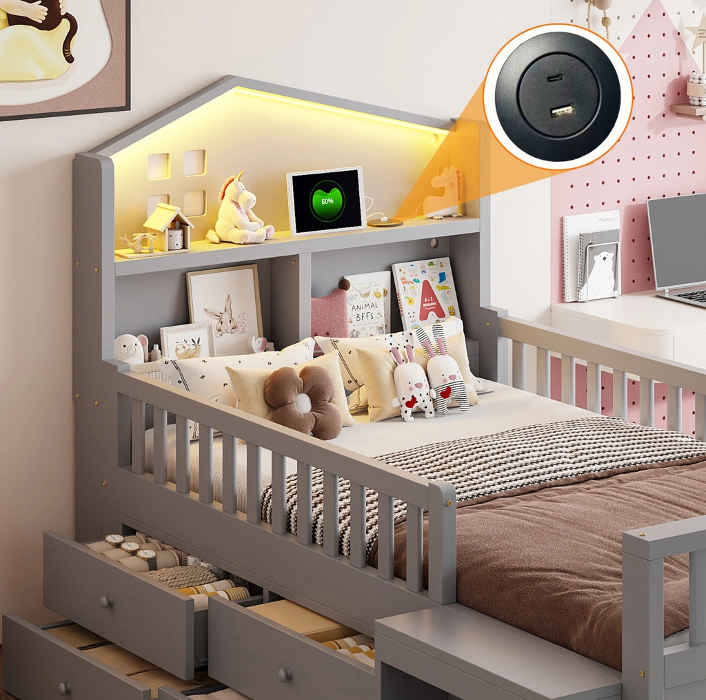Letto per bambini 90x200 cm con 4 cassetti; LED; USB e Type-C; in legno massello; grigio