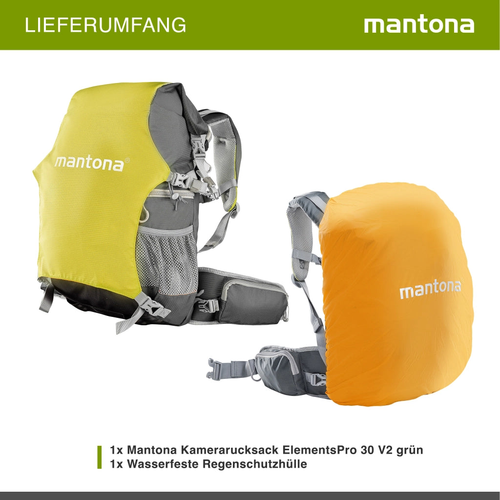 Zaino per fotocamera Mantona elementsPro 30 V2 - zaino per esterni con sistema di trasporto ergonomico, imbottitura traspirante, supporto per treppiede e copertura antipioggia, ideale per fotocamere DSLR e di sistema, verde