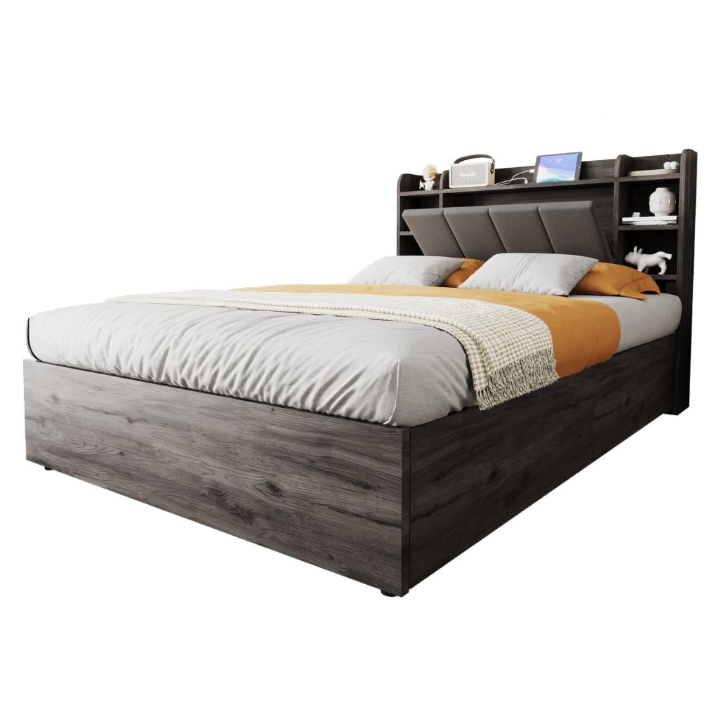 Letto singolo multifunzione 140x200 cm con contenitore idraulico; USB e USB-C; grigio