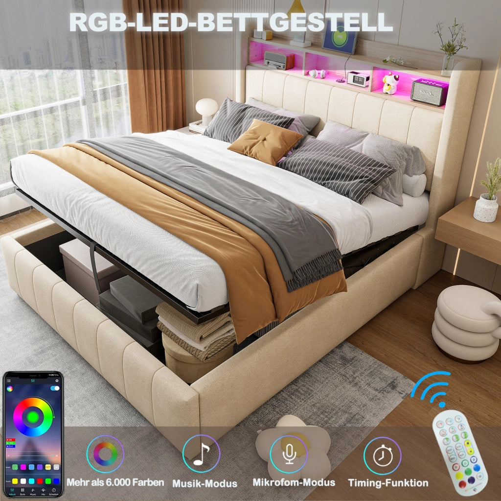 Letto imbottito 140 x 200 cm con vano contenitore idraulico; LED; USB e Type-C; beige
