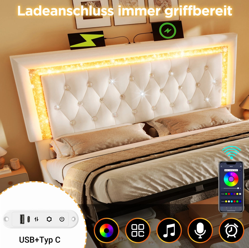 Letto imbottito con LED, testiera regolabile e vano contenitore
