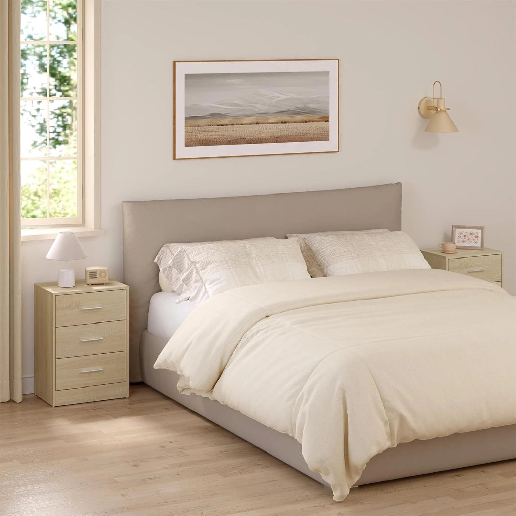 Set di 2 Comodini Moderni con 3 Cassetti, Grande Capacità, Tavolino da Letto per Camera da Letto, Soggiorno e Ufficio, 39x28x54cm, Rovere Chiaro, NTS26hei-2