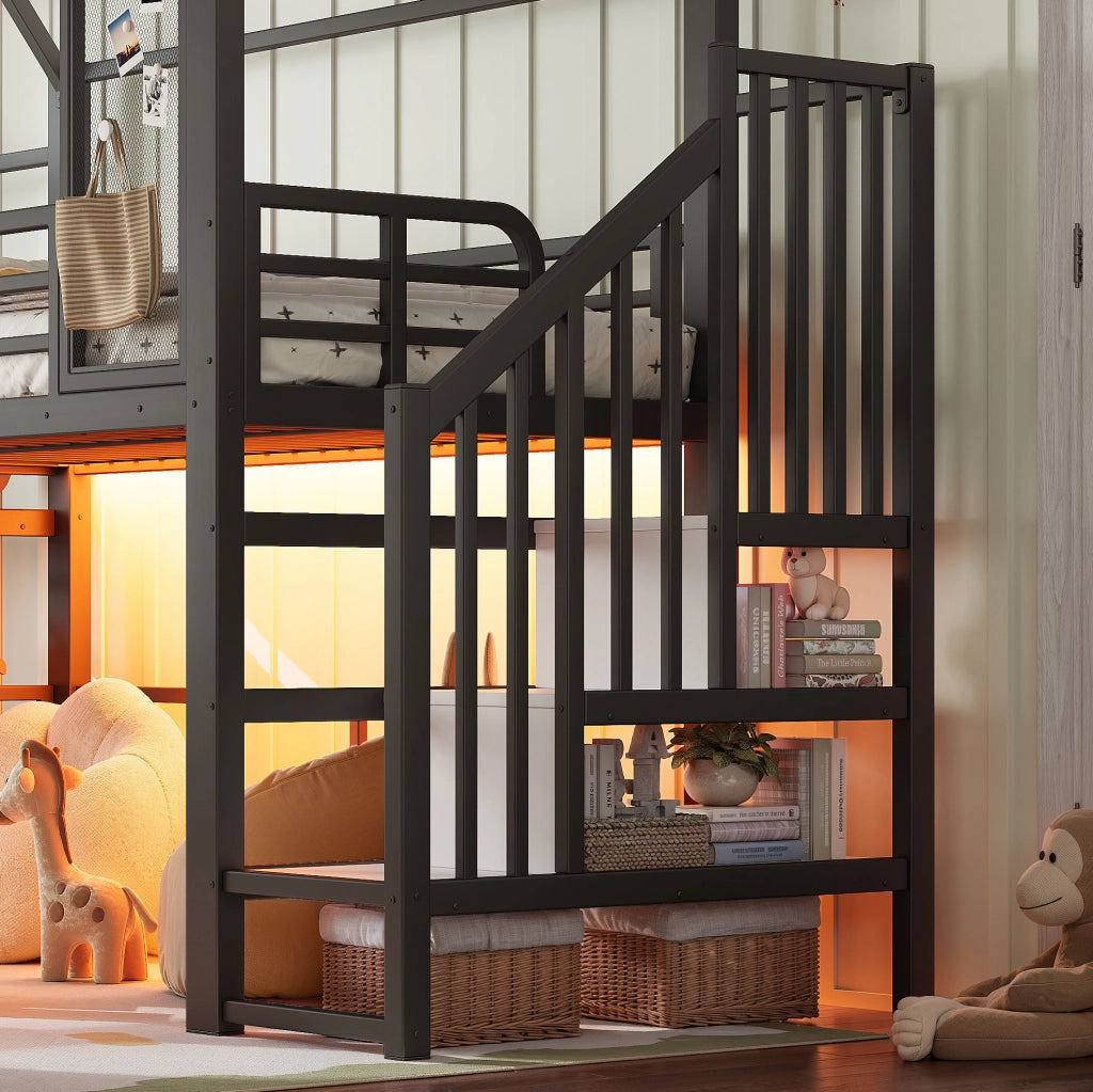 Letto a soppalco per bambini 90x200 cm a casetta con scivolo e LED Bluetooth nero HAVRYA