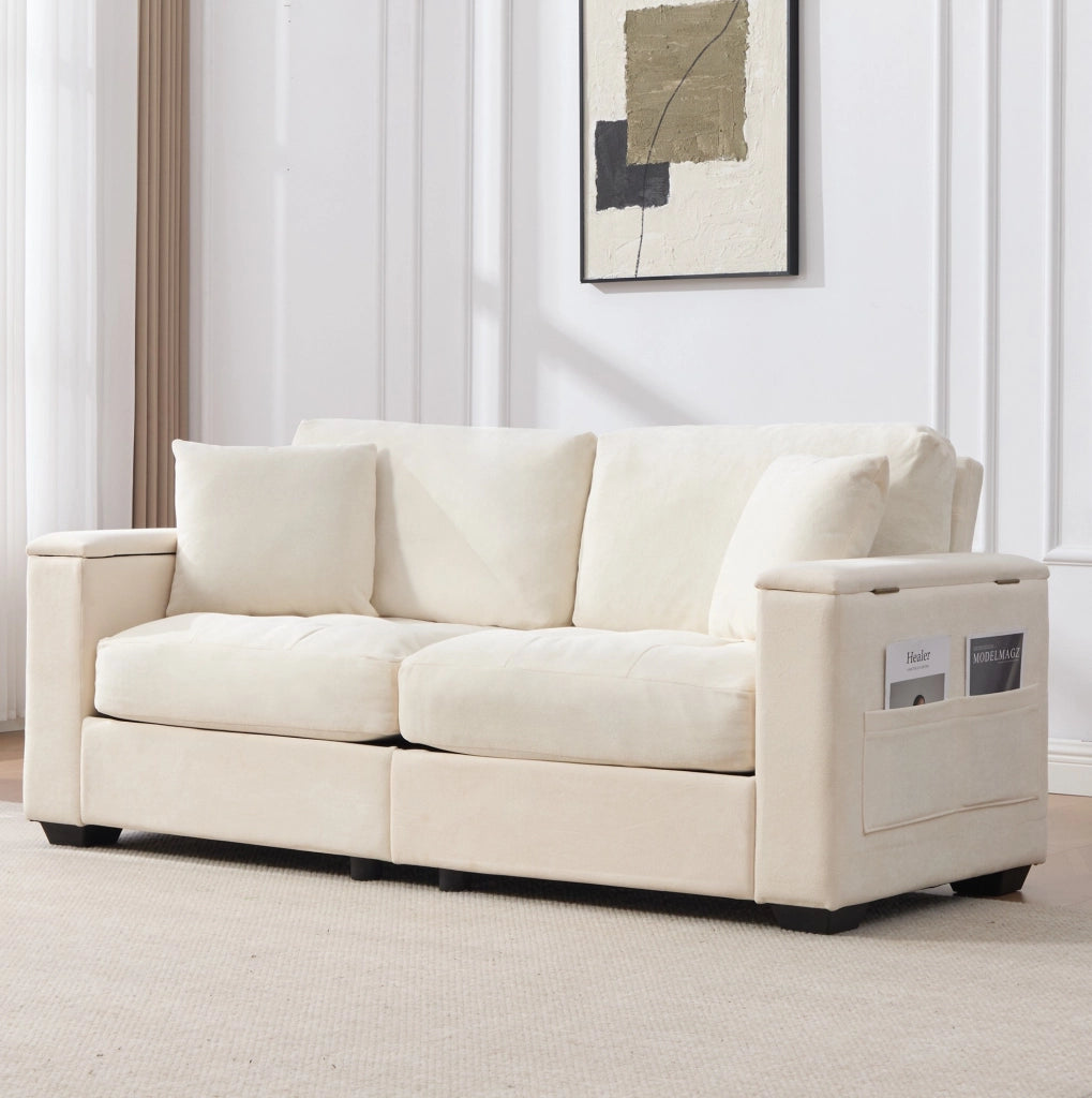 Divano 2 posti in ciniglia beige con contenitori e 2 cuscini