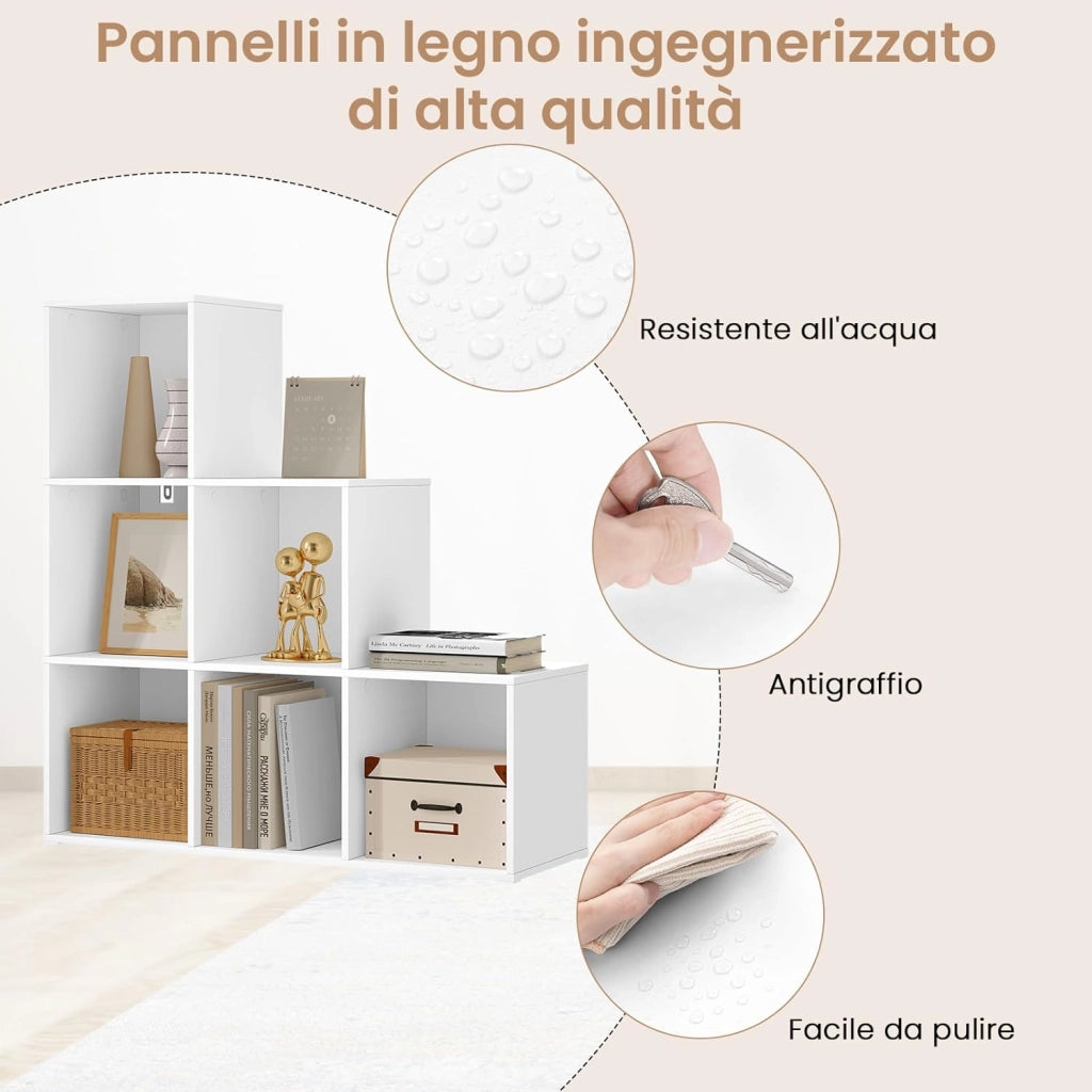 Libreria con 6 Cubi, Scaffale con Scomparti Aperti per Libri, Decorazioni, Piante, Legno Ingegnerizzato Bianco, Camera da Letto, Soggiorno, Ufficio, 90x30x90cm, SK061ws