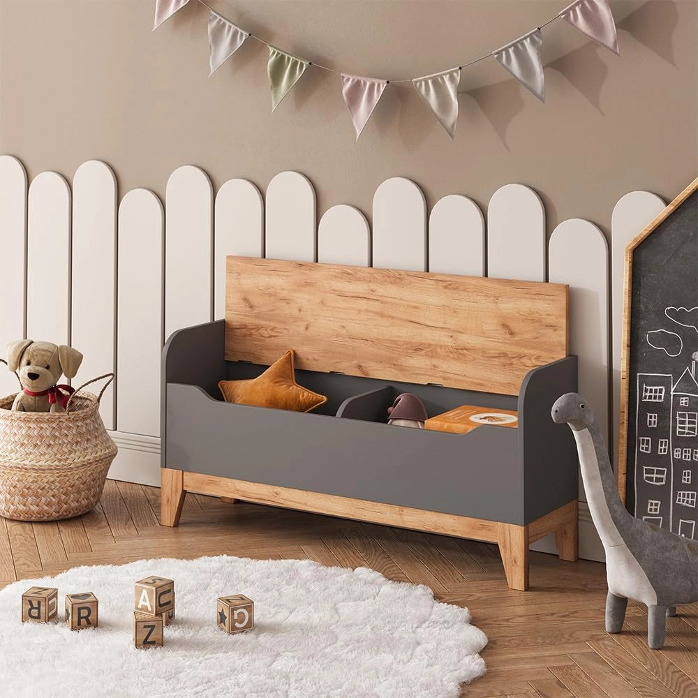 Cassapanca per giocattoli Malia, Grigio/Artisan, 107.2 x 50 cm con sedile, con spazio contenitivo e combinabile con altri mobili Malia