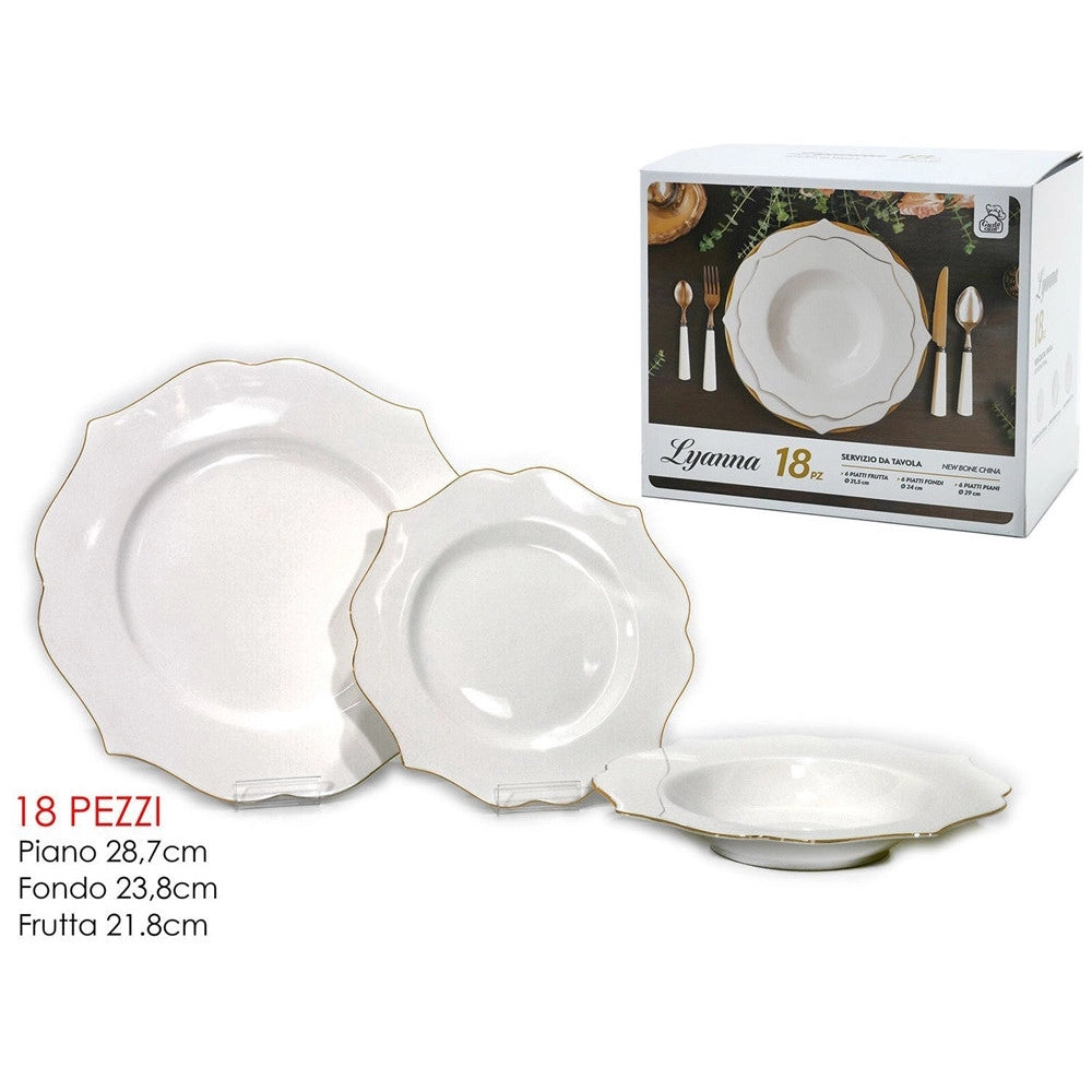 Trade Shop - Set Servizio Di Piatti Da Tavola In Porcellana 18pz Design Elegante Con Bordi Smerlati Oro -