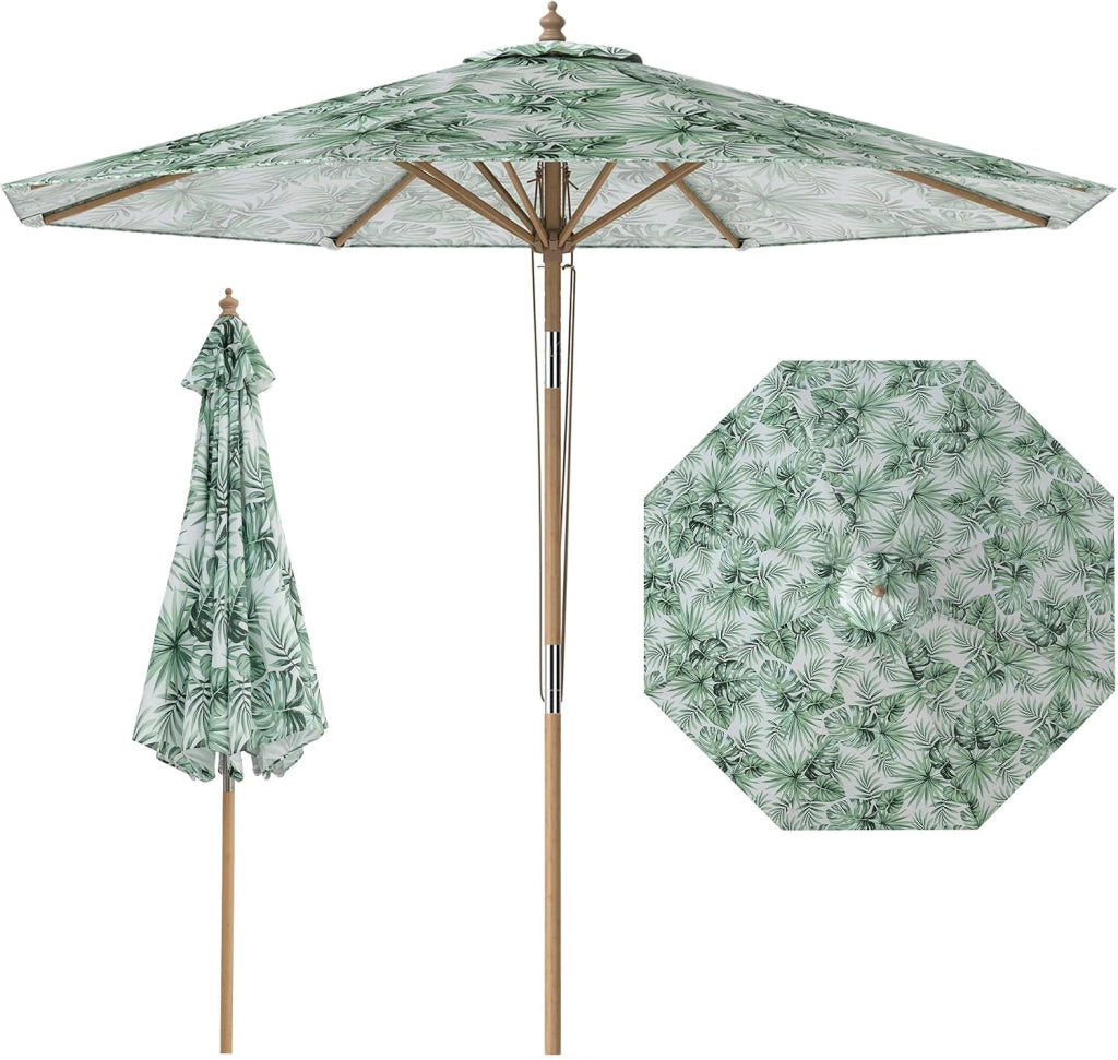270 cm Ombrellone Terrazza Esterna Ombrellone Rotondo con Bastone in Legno Massello, Ombrellone da Giardino Inclinabile a 30° con 8 Aste, Parte Superiore Ventilata, per Balcone, Spiaggia