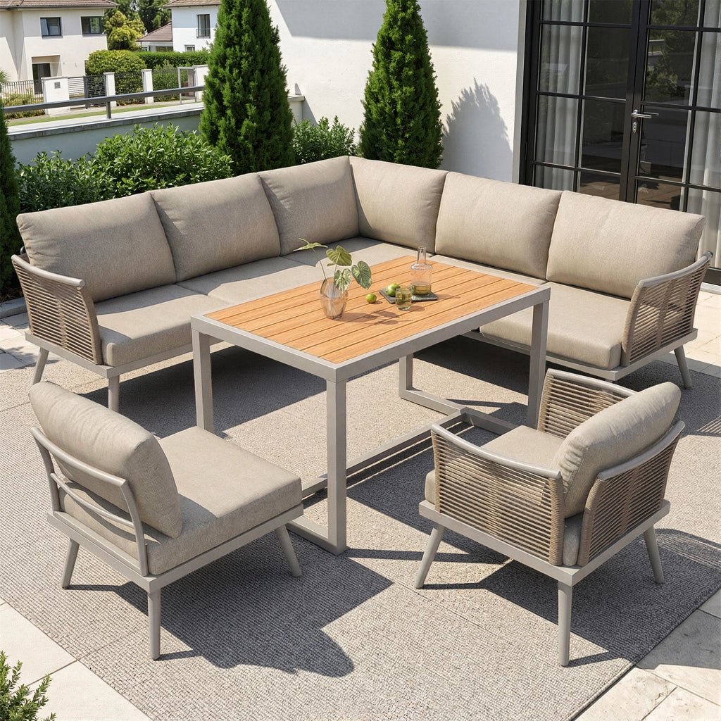 OKWISH Set da 5 pezzi da giardino con 4 divani, tavolino e cuscini, per 7 persone, Ferro Beige