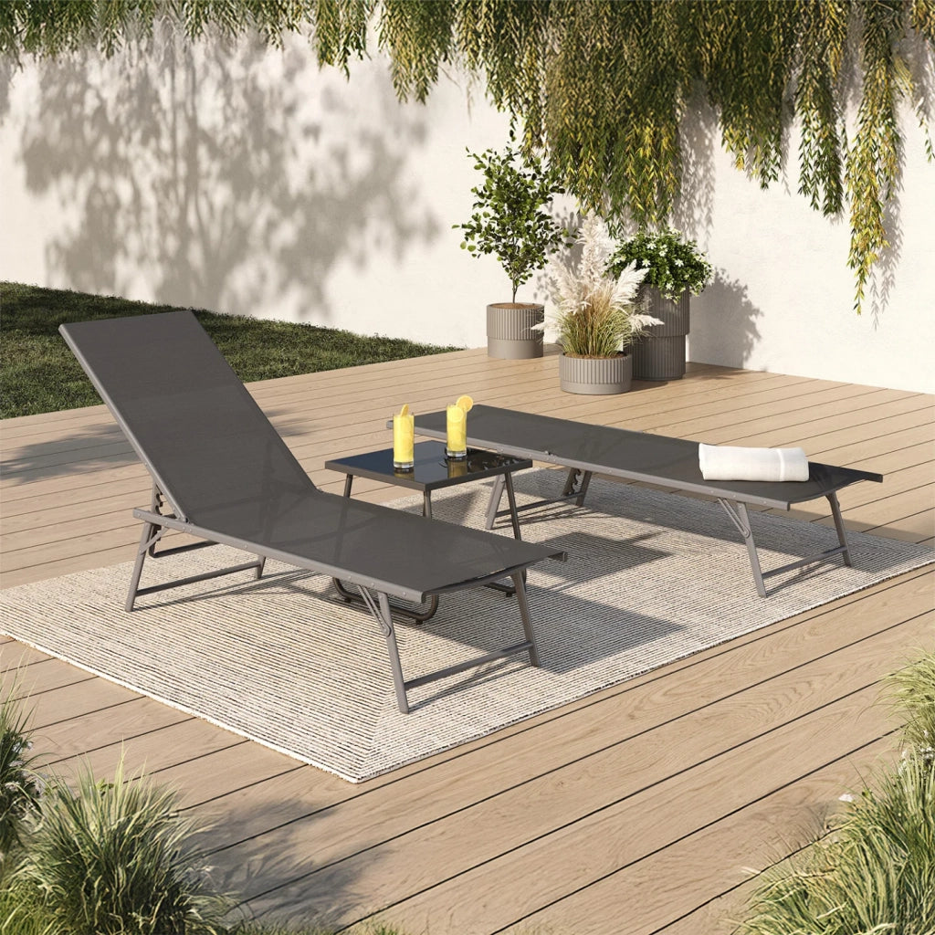 IDMarket - Set di 2 lettini da giardino reclinabili KAILUA in acciaio grigio antracite e tessuto grigio