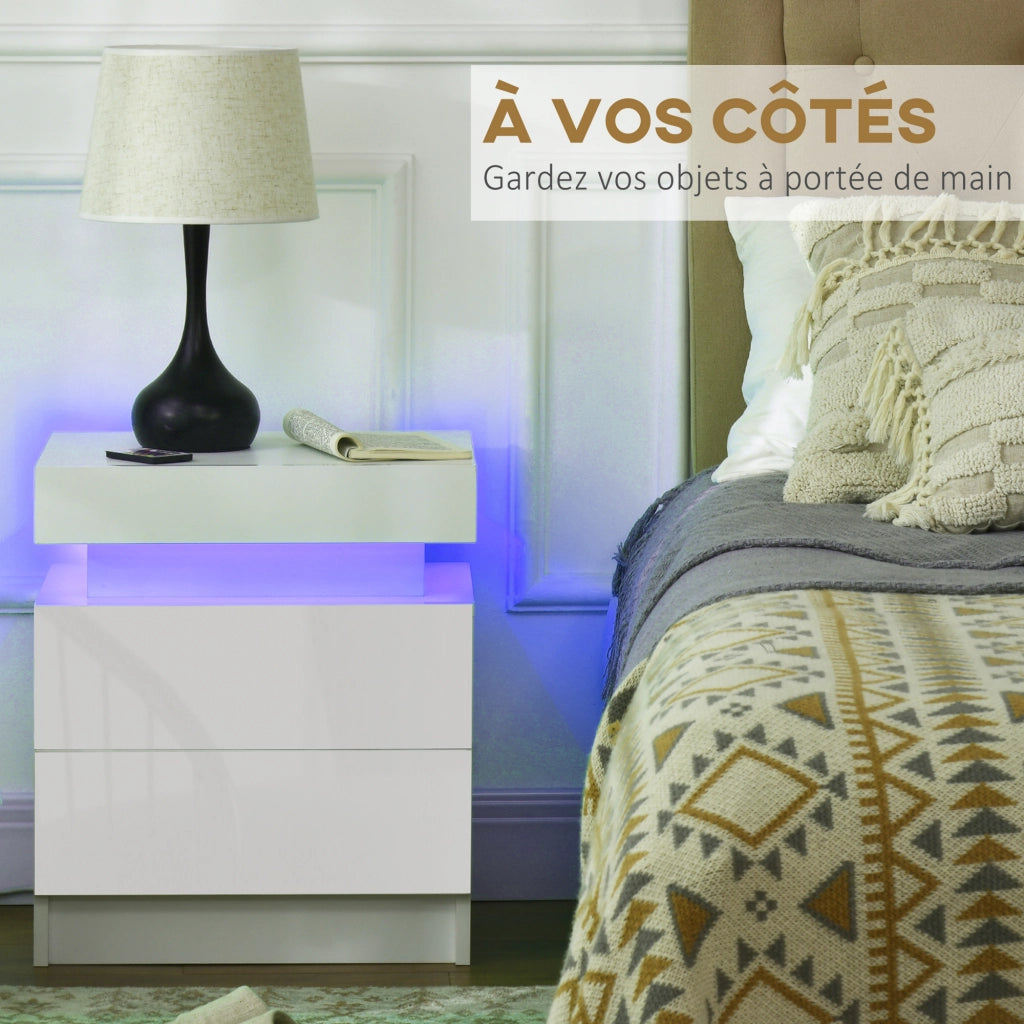 Comodino con LED RGB ¨C Xylo ¨C 2 cassetti bianco lucido