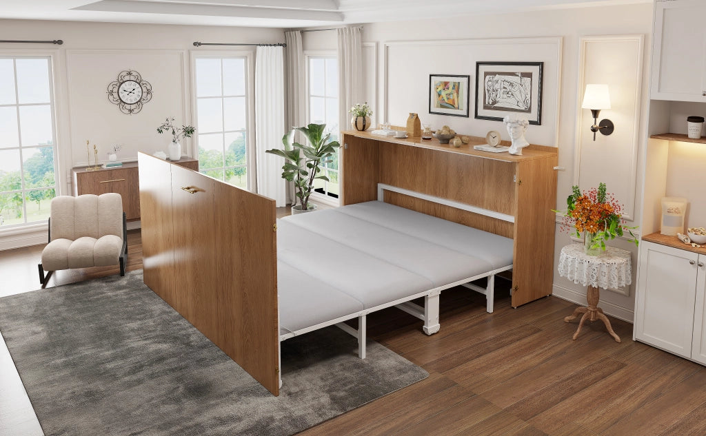 Letto a scomparsa 140 × 200 cm con materasso in lino, struttura in metallo e ruote silenziose, colore legno