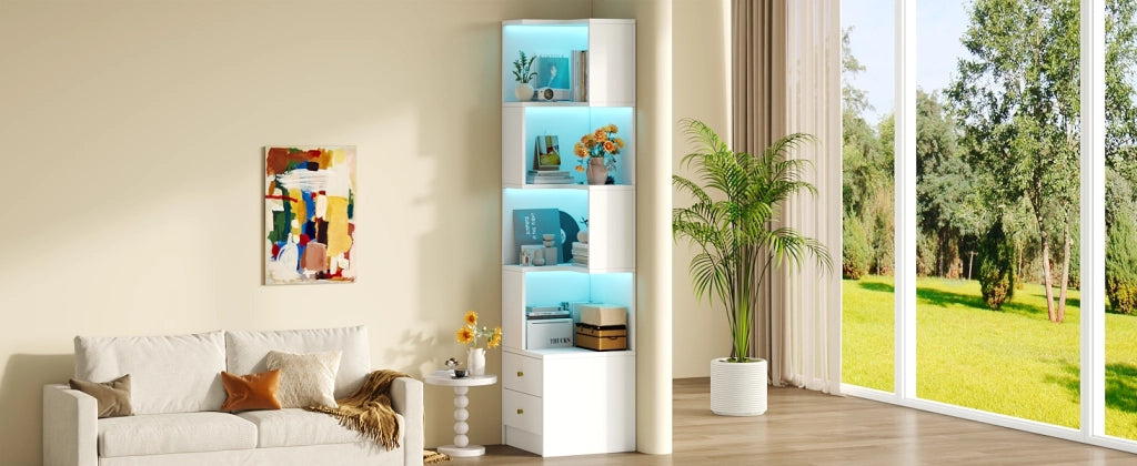 Libreria angolare con LED da app 4 ripiani aperti e 2 cassetti in MDF per studio soggiorno bianca 45 × 43,5 × 180 cm
