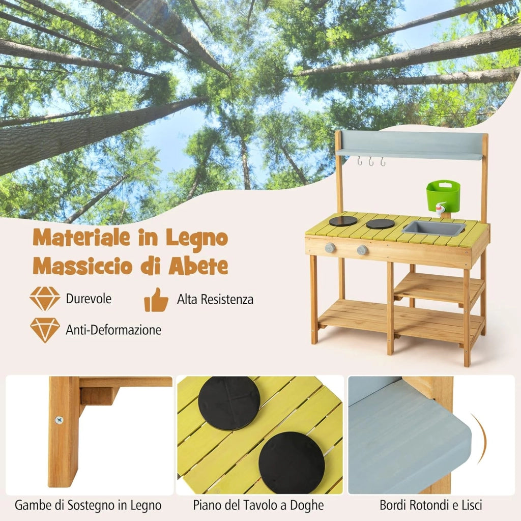 Cucina Giocattolo per Giardino in Legno di Abete, Cucina per Bambini con Serbatoio dell'Acqua e Lavello Rimovibili, 3 Ripiani Aperti, Funzione Suoni, per Bambini 3+ Anni (Naturale)