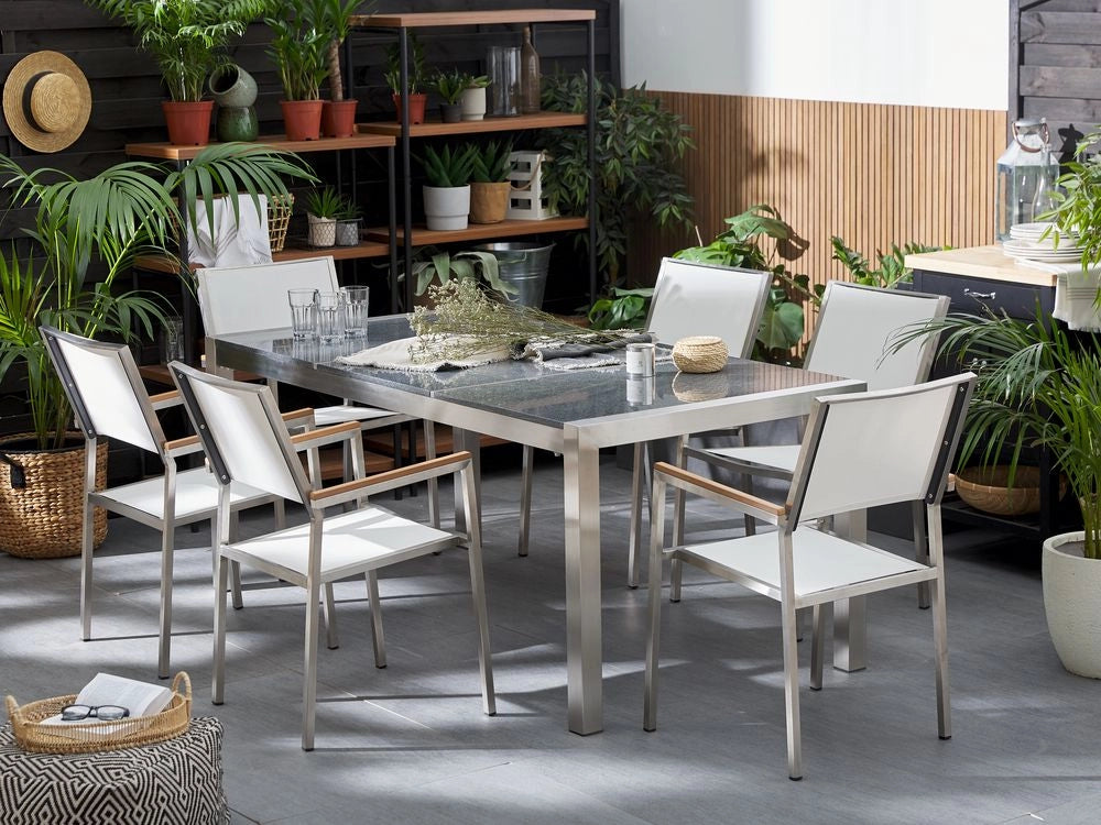 Set da Giardino Tavolo Piano Granito Grigio 6 Sedie Bianche 180 x 90 cm Giardino Terrazzo Balcone