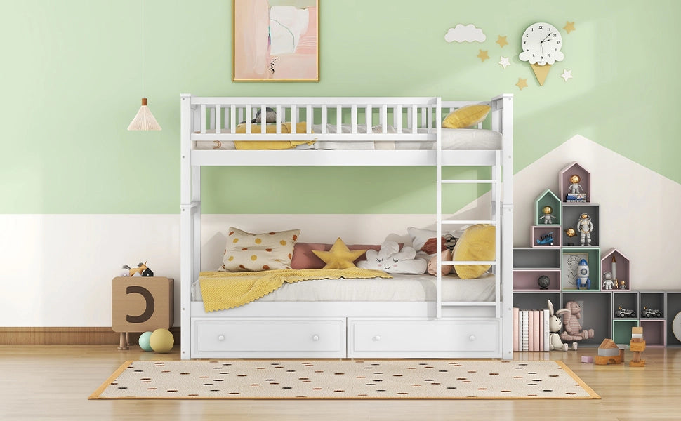 DESMIU Letto a castello per bambini 90 × 200 cm con 2 cassetti, convertibile in 2 letti, senza materasso, bianco