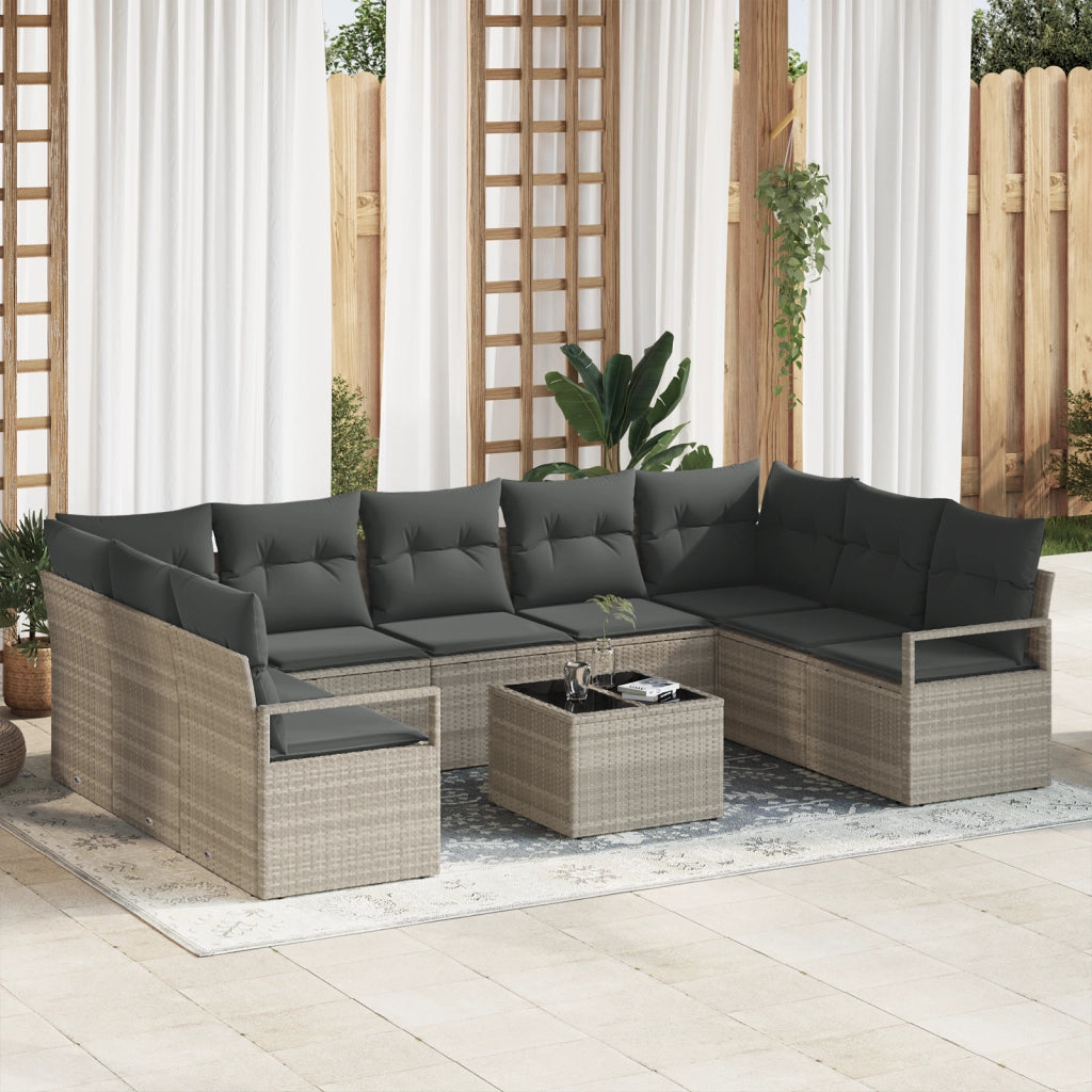 Set di Divano da Giardino a 10 Pezzi con Cuscini in Rattan Polietilene Grigio