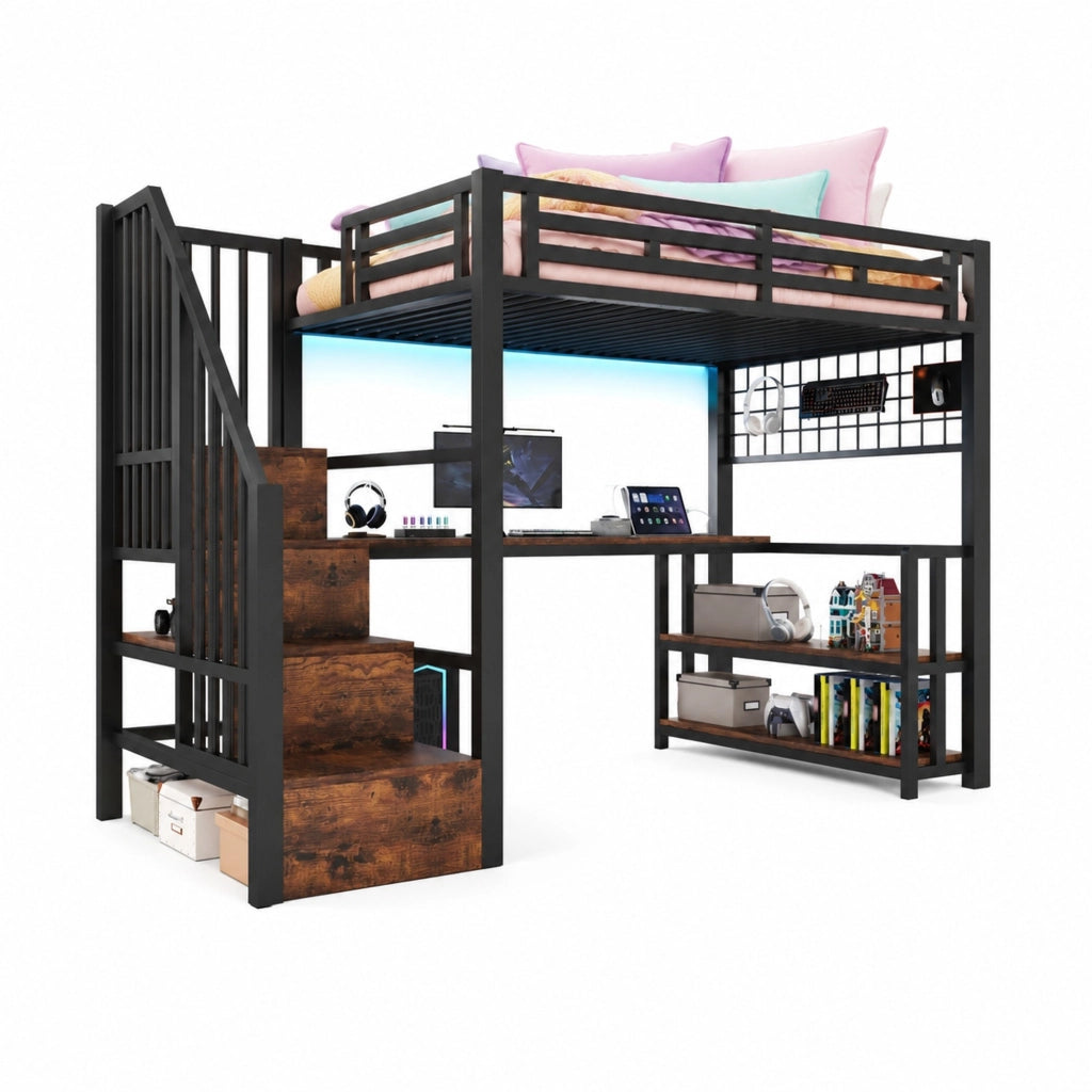 Letto a soppalco 90x200 cm con scrivania, LED e USB