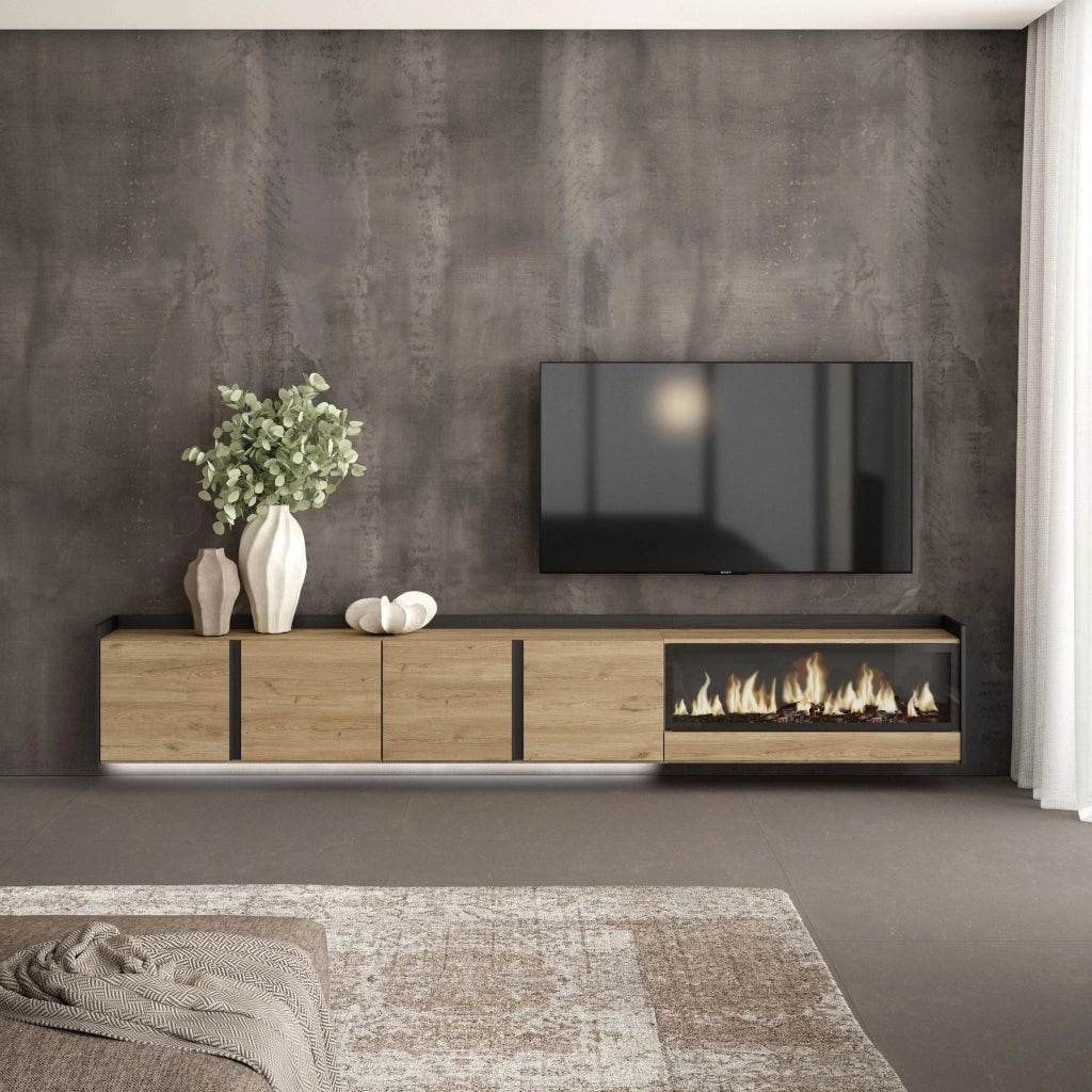 Mobile TV Soggiorno, 315x50x35 cm, Per TV fino a 80", Camino elettrico XXL, Sospeso, da appendere, LED, Rovere e nero