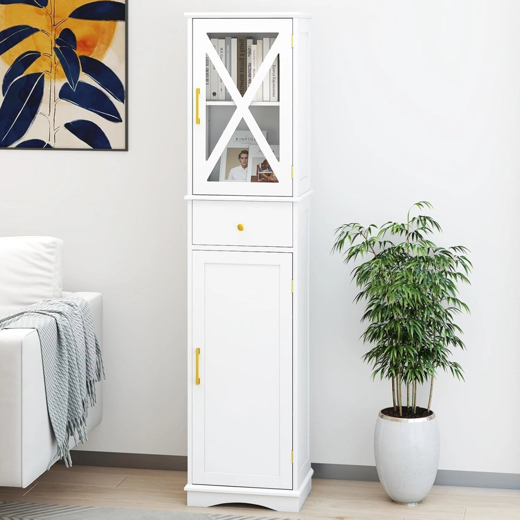 Armadietto da bagno, sottile con 2 ante, 1 cassetto e 3 ripiani regolabili, 40 x 30 x 168 cm, per cucina, soggiorno, bagno, ufficio (bianco)