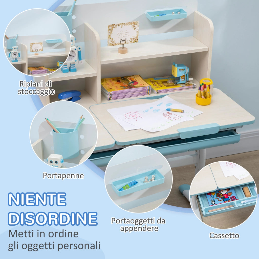 Set Scrivania e Sedia per Bambini da 3 Anni Regolabile, Tavolo Inclinabile a 60¡ã con Cassetto e Ripiani, Blu