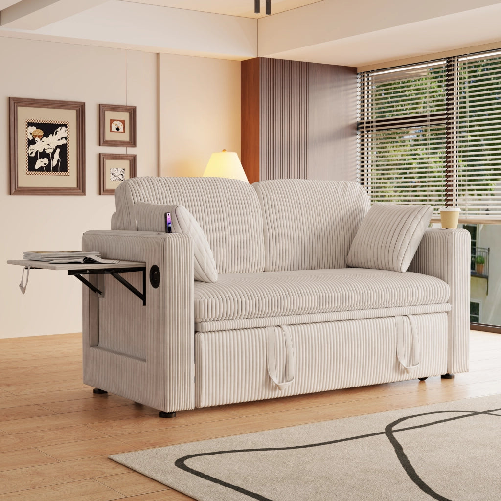 Divano letto 3 in 1 con schienale regolabile a 5 posizioni, portabicchieri, tasche laterali in velluto bianco