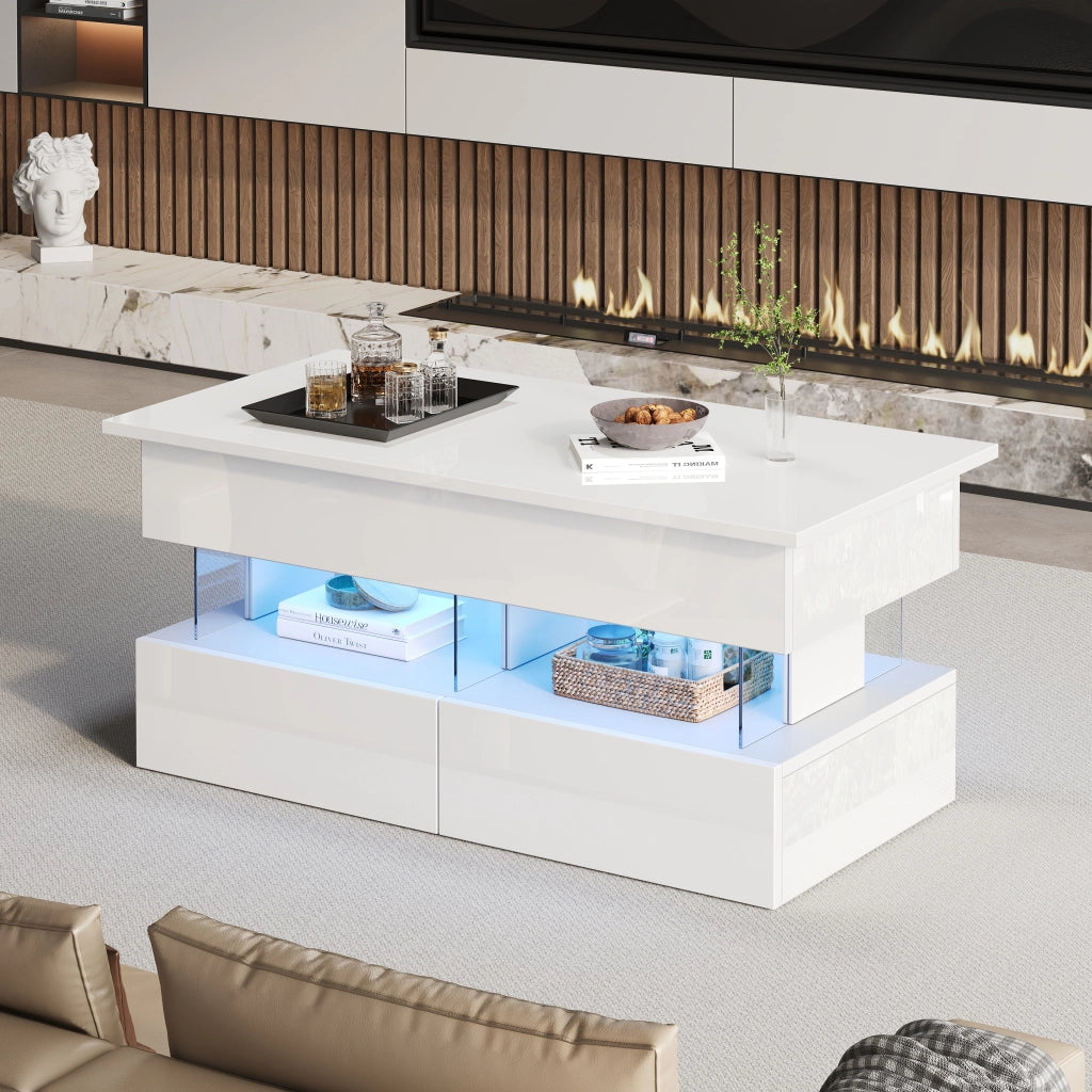Tavolino da caffè con piano alzabile; 2 cassetti e LED - per soggiorno - 100×50×46 cm - bianco