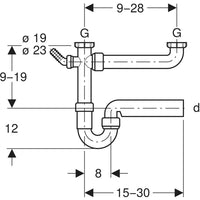 Sifone bianco curvo Geberit per due lavelli, con portagomma a gomito, scarico orizzontale Ø 40 x 11/4