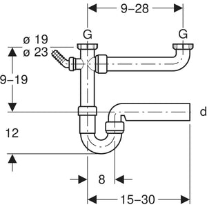 Sifone bianco curvo Geberit per due lavelli, con portagomma a gomito, scarico orizzontale Ø 40 x 11/4