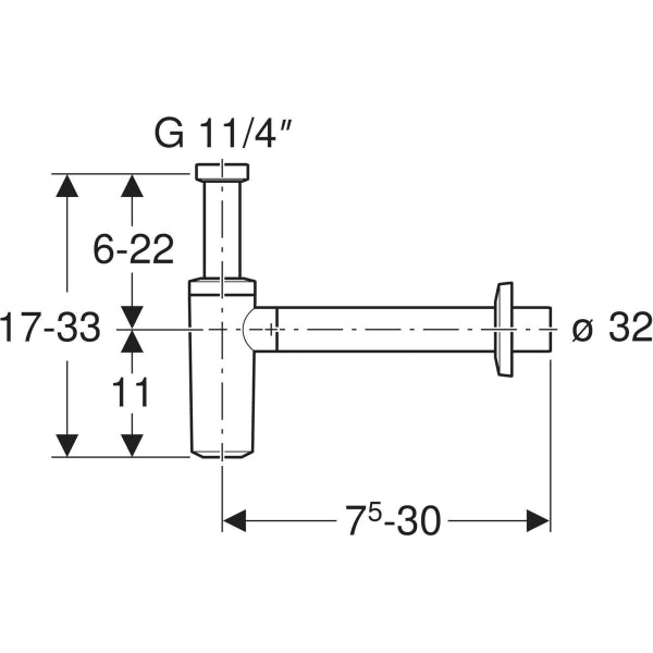Sifone cromato con tubo ad immersione Geberit per lavabo, scarico orizzontale Ø 40 x 11/4 degisn