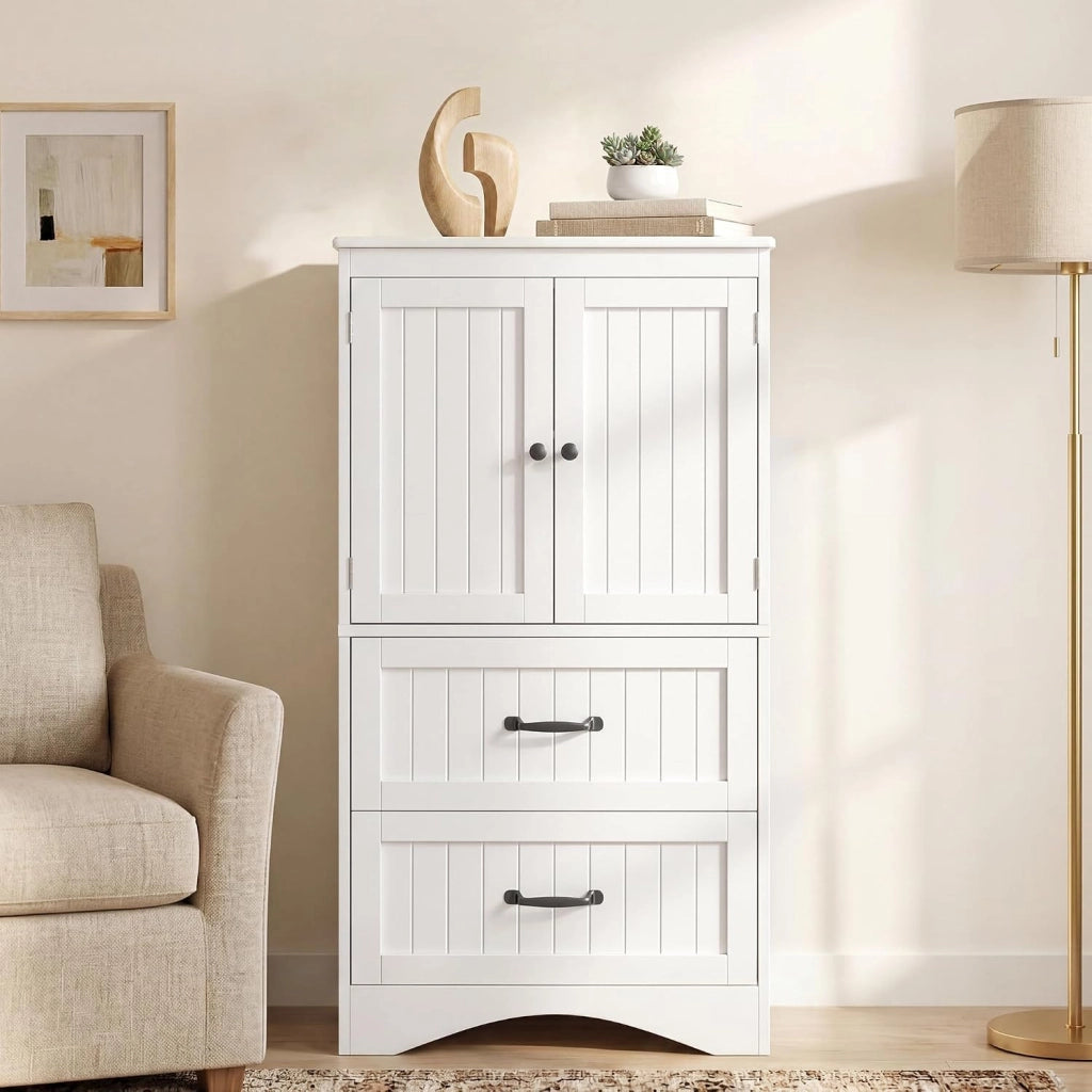 Armadietto da Cucina, Mobile bagno con 2 Cassetti, con Ripiani Regolabili, per Bagno, Soggiorno and Cucina, 60×30×110 cm,Bianco