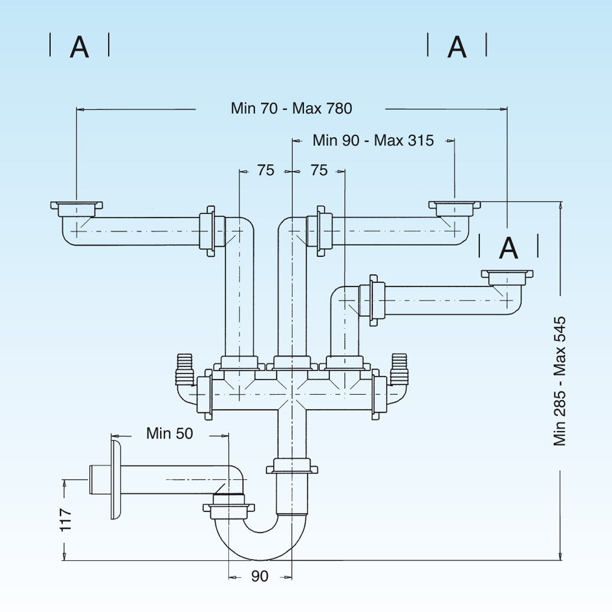 SIFONE 3 VIE 'SPAZIO 3' 11/2 Tubo scarico P.P. Ø 40 LIRA 9.1273.06