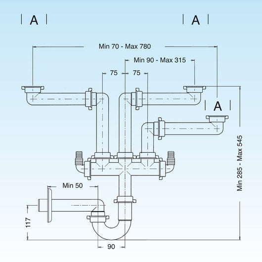 SIFONE 3 VIE 'SPAZIO 3' 11/2 Tubo scarico P.P. Ø 40 LIRA 9.1273.06