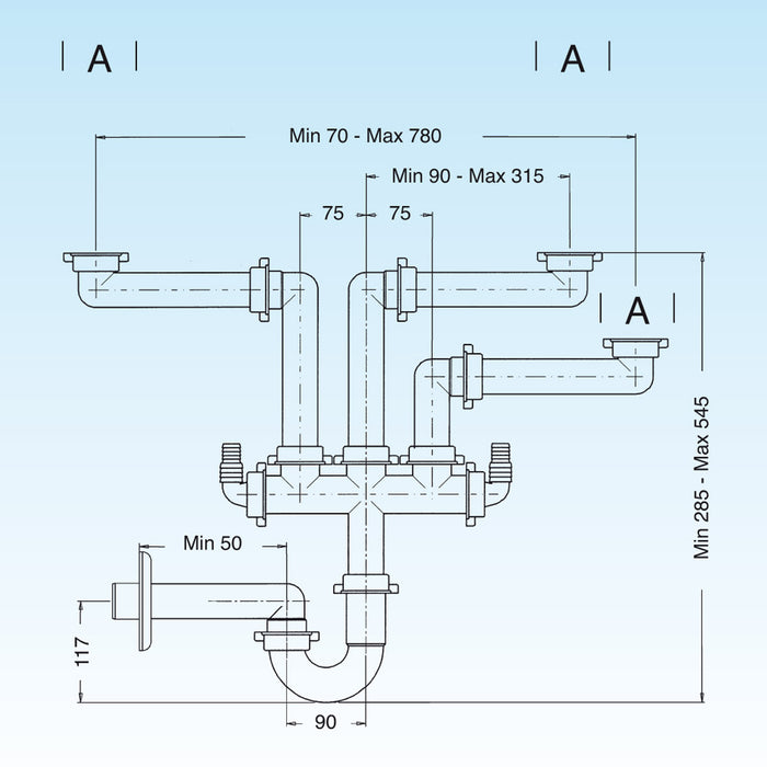 SIFONE 3 VIE 'SPAZIO 3' 11/2 Tubo scarico P.P. Ø 40 LIRA 9.1273.06