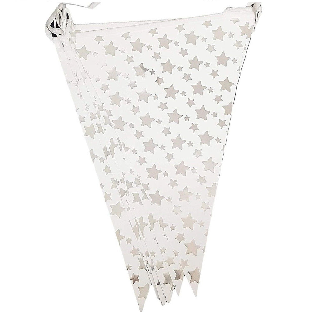 Trade Shop - Set 3 Pezzi Festoni Stelle Argento Per Feste 16 Bandierine 4.8m Ciascuno -