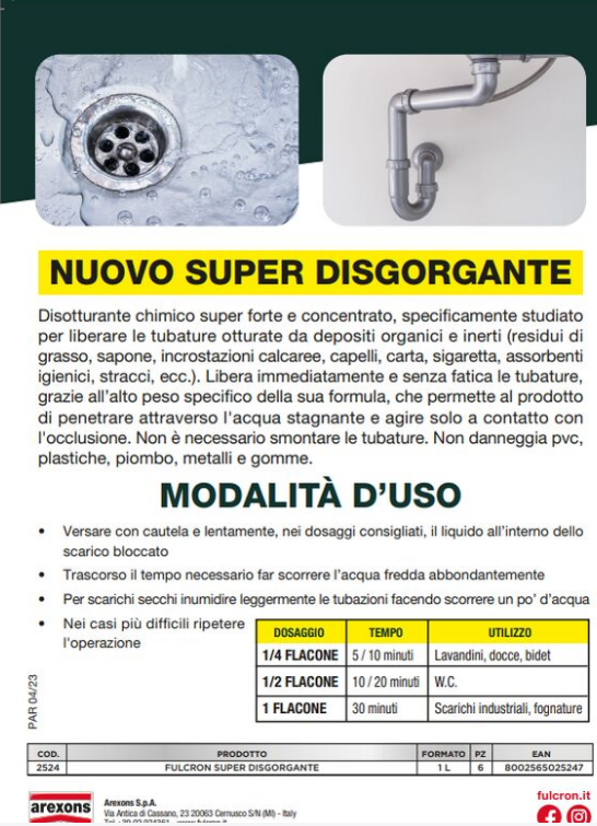DISGORGANTE LIQUIDO PROFESSIONALE PER TUBATURE 'FULCRON' lt 1 - 6 pezzi AREXONS