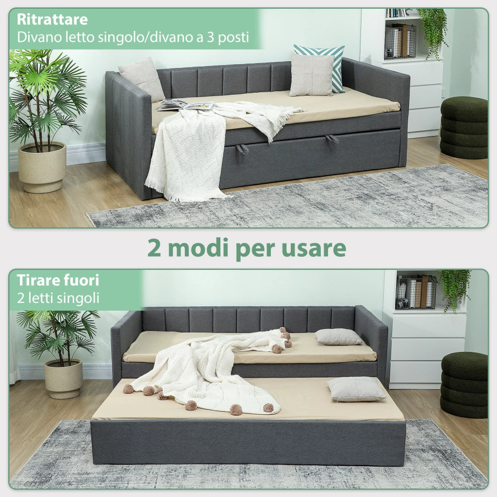 Letto Singolo con Secondo Letto Estraibile 205x181x70 cm Rivestimento in Tessuto e Braccioli Grigio Scuro