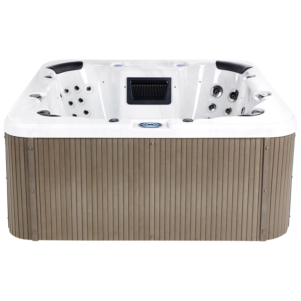 Vasca idromassaggio in acrilico bianco 225 x 225 cm 55 getti pannelli esterni marroni con riscaldamento a LED