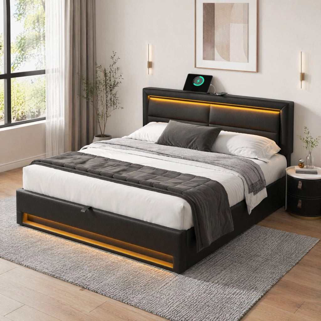 LETTO Imbottito 140x200 cm PU Nero con USB, LED e contenitore