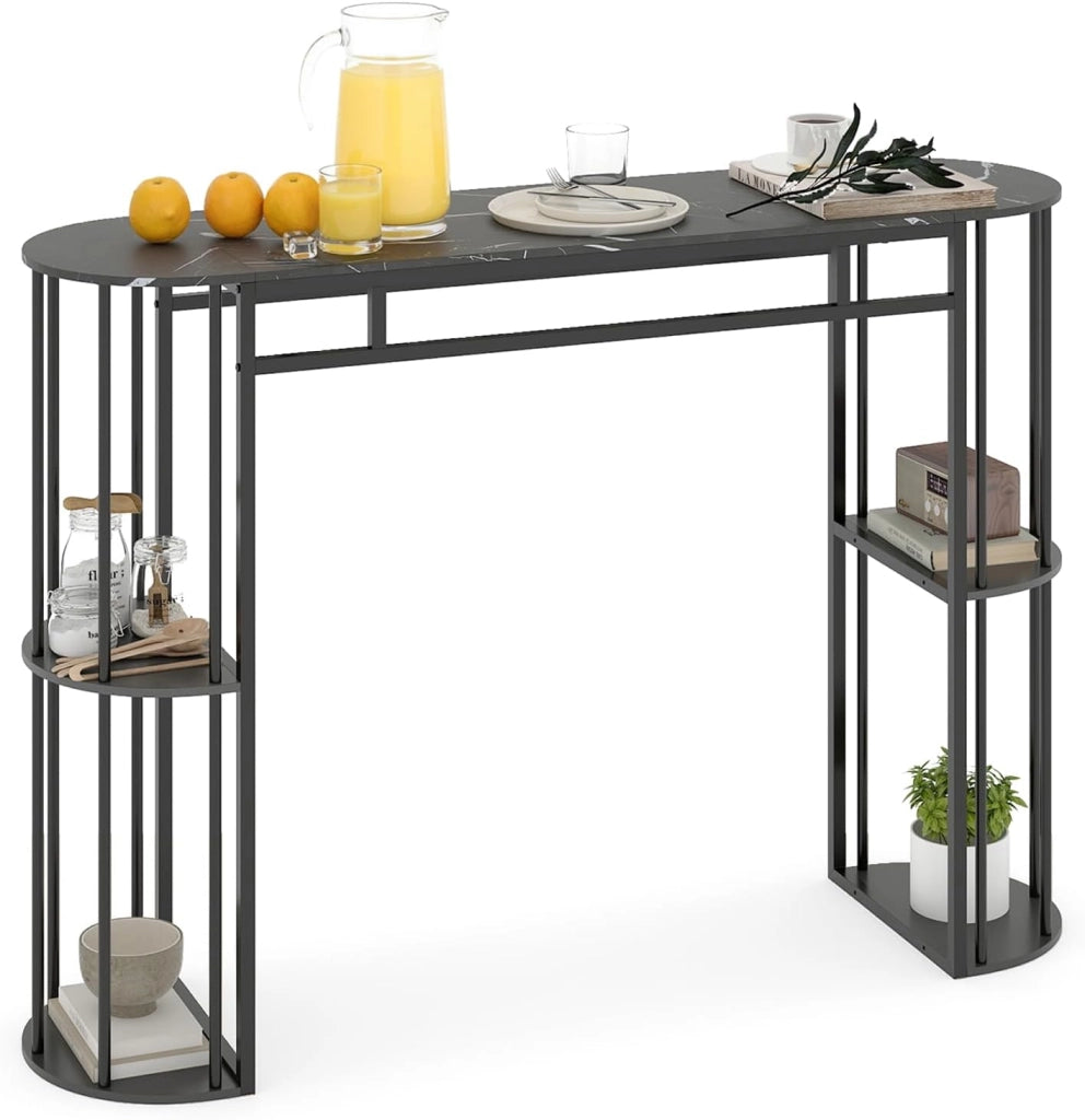 Tavolo da Bar Alto, Tavolino da Cucina Moderno con Piano in Finto Marmo, 4 Ripiani Laterali e Struttura in Metallo, Bancone Cucina da Casa per Soggiorno e Sala da Pranzo (Grigio)