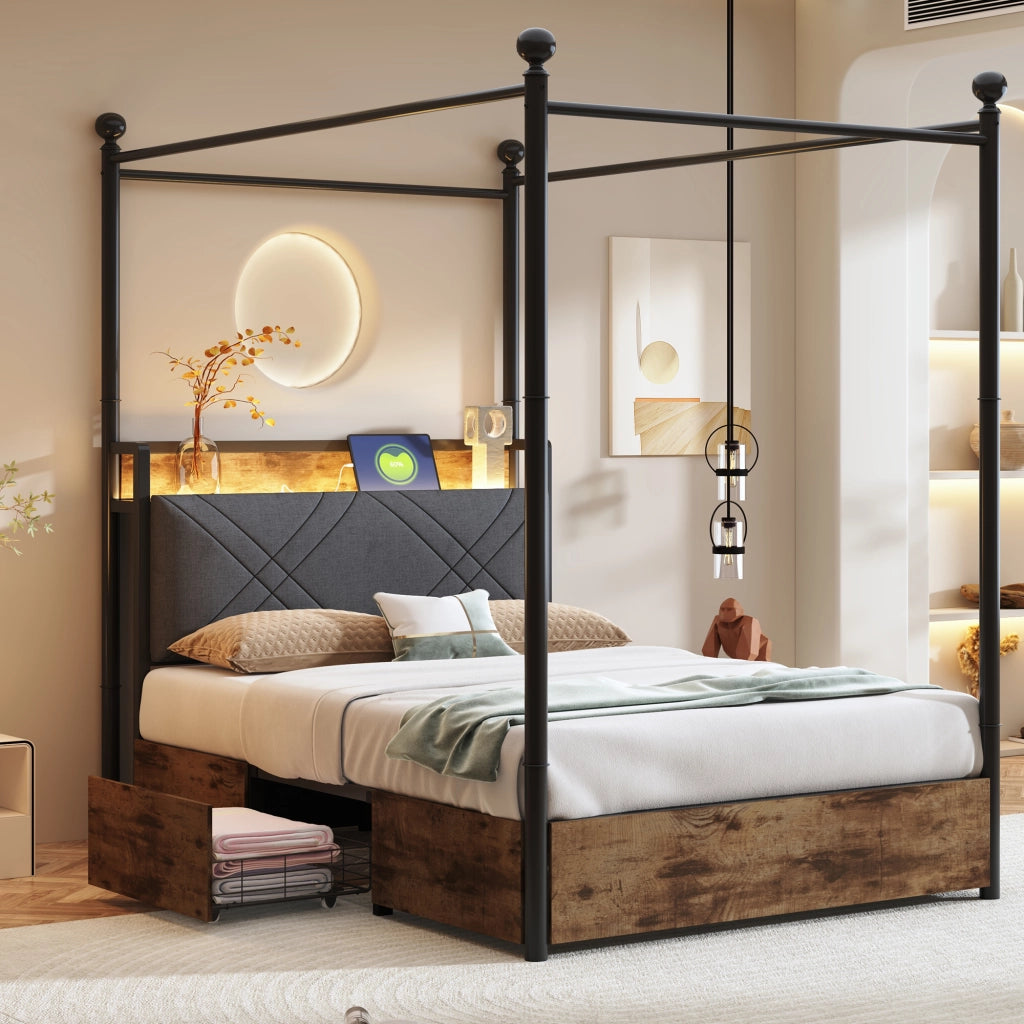 OKWISH Letto Singolo 90×190 cm con LED Regolabile, USB, Tipo-C e 2 Cassetti, senza Materasso, in Metallo, Nero