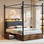 OKWISH Letto Singolo 90×190 cm con LED Regolabile, USB, Tipo-C e 2 Cassetti, senza Materasso, in Metallo, Nero