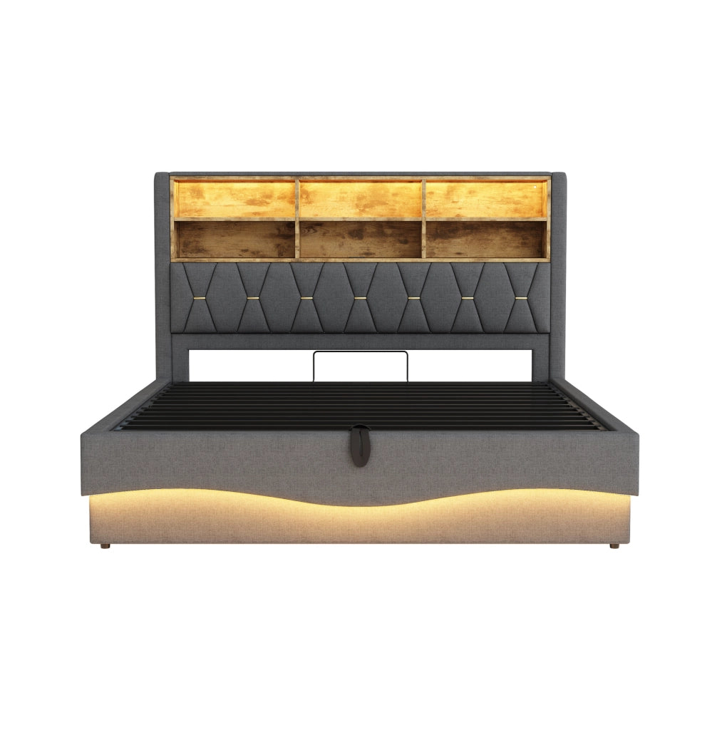 Letto matrimoniale 180x200 cm con contenitore; LED APP; USB e struttura in metallo grigio