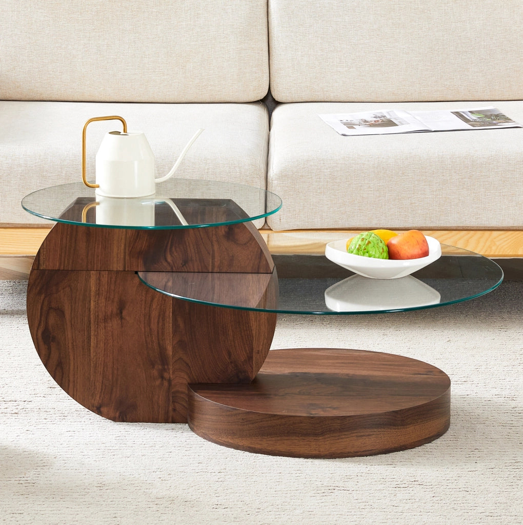 Tavolino da caffè in vetro temperato e MDF color noce