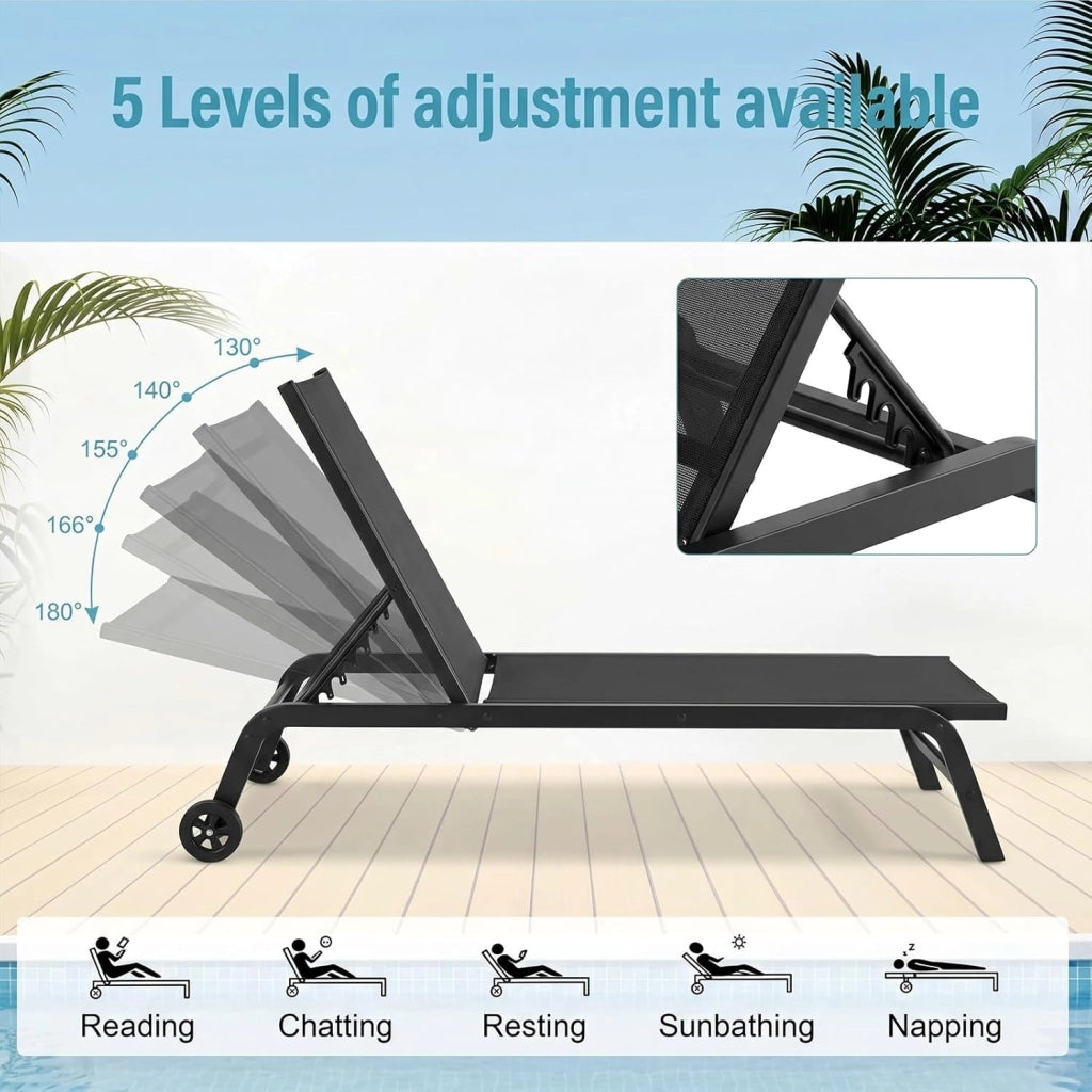 Set di 2 lettini da giardino con ruote, resistenti alle intemperie, schienale regolabile in 5 posizioni, per esterni, portata fino a 120 kg, per giardino, piscina, balcone, colore nero