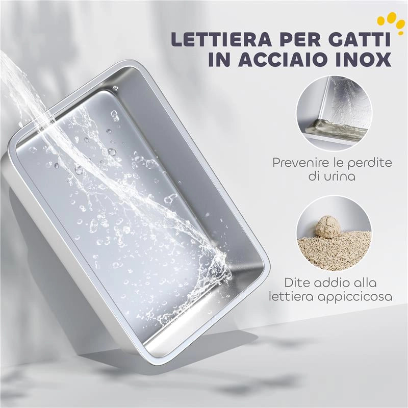 LETTIERA PER GATTI CHIUSA CON VASSOIO IN ACCIAIO, PALETTA E FILTRI, 40.5X60.5X41.5 CM, GRIGIO E ARGENTO